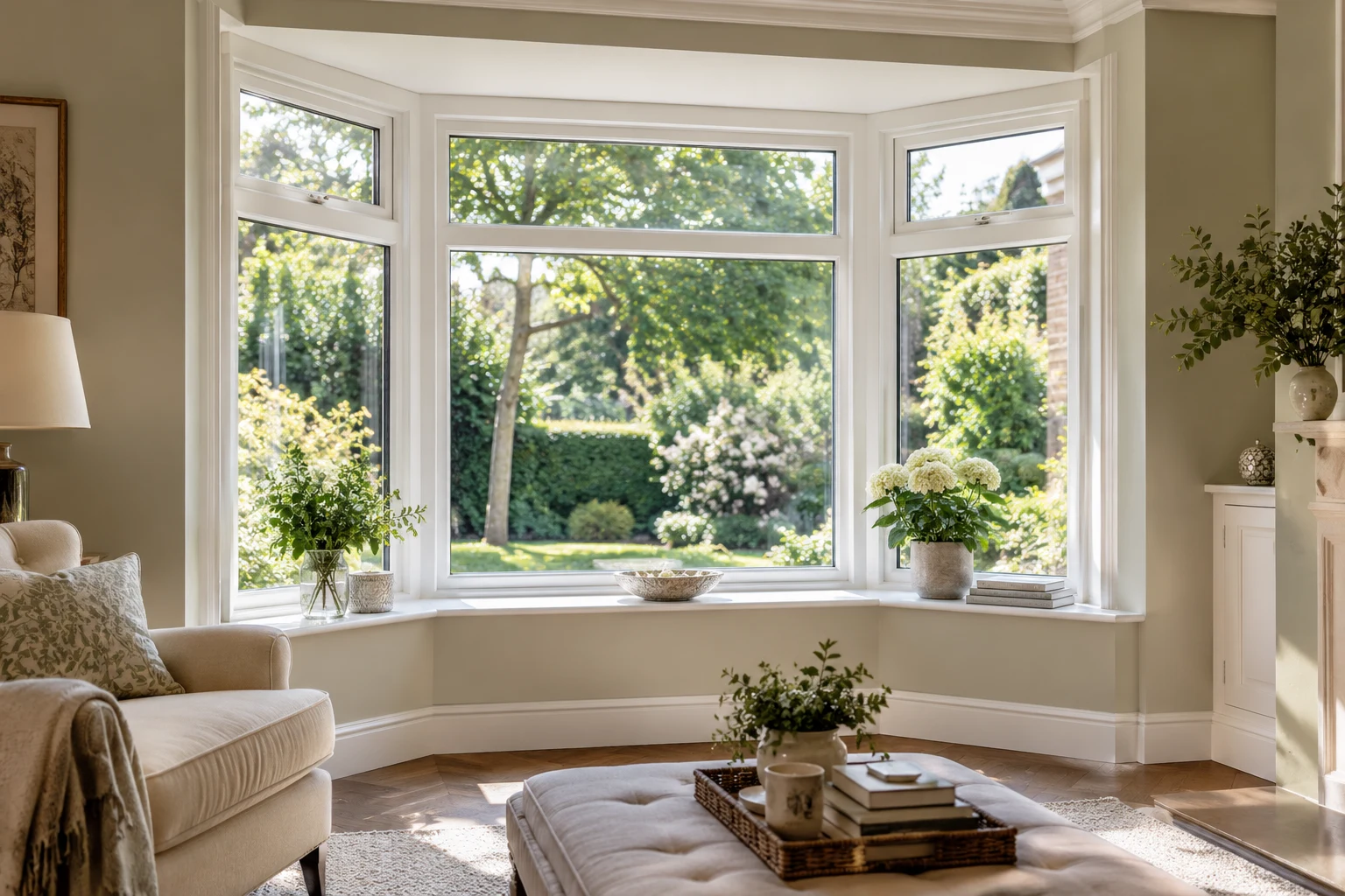 A peaceful room with a bright bay window overlooking an English garden