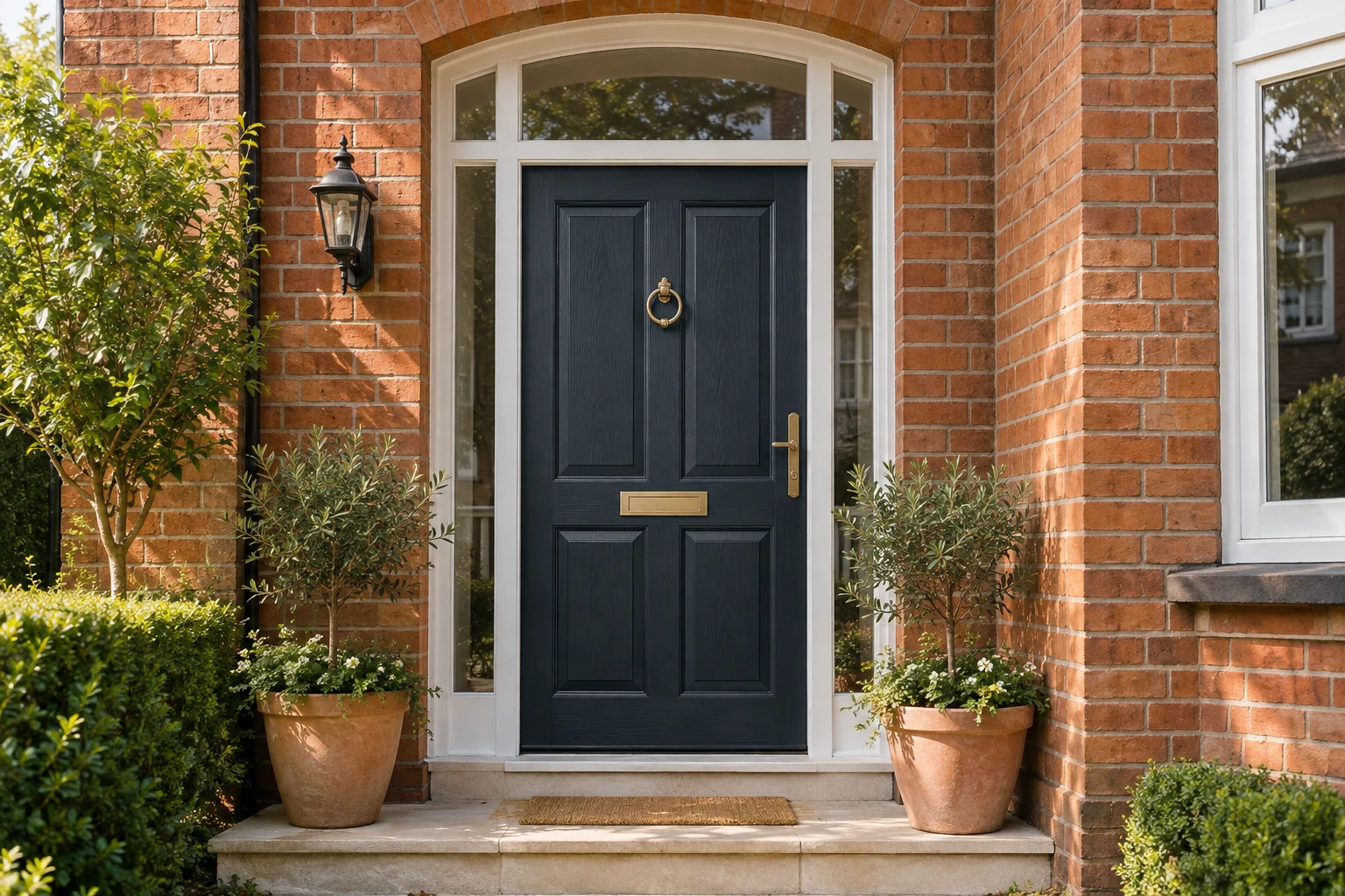 A charcoal entrance door with brass hardware