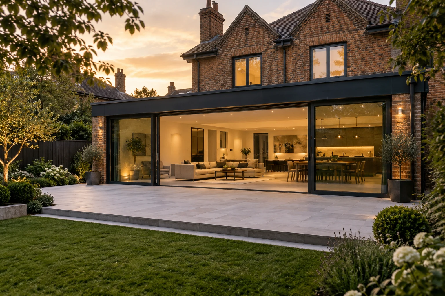 Large sliding glass doors connecting a warm interior to a garden